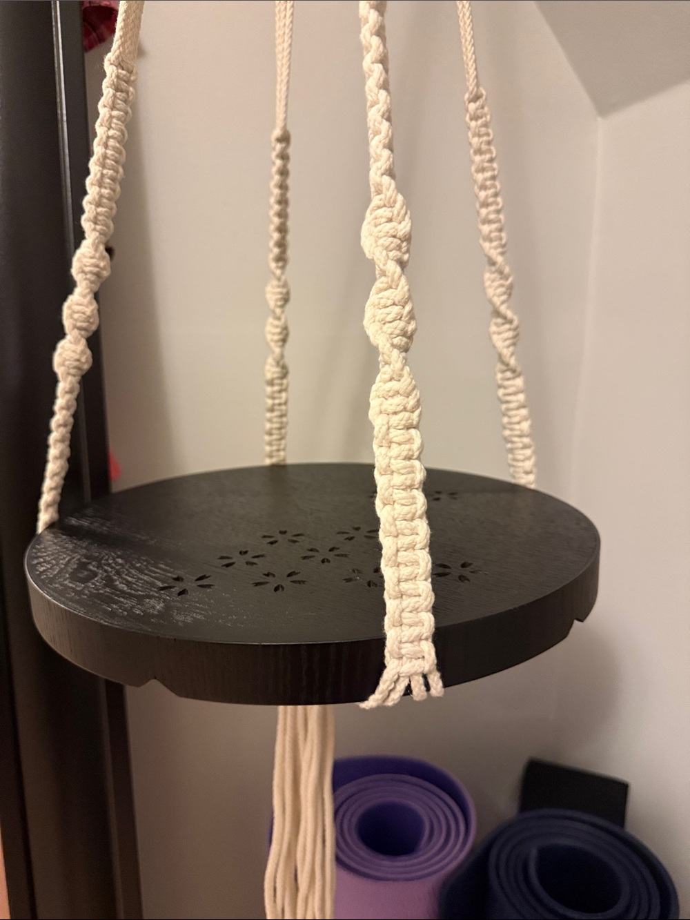 Macramé Hanging Plant Shelf with Black Round Tray - Picture 2 of 5